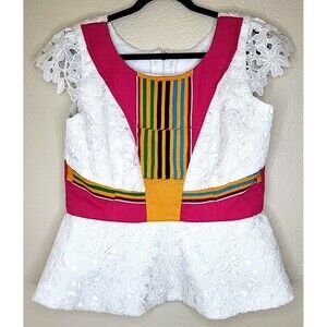 Womens Top Med Multi Color Floral African Tribal Handmade Cap Sleeves Bohemian